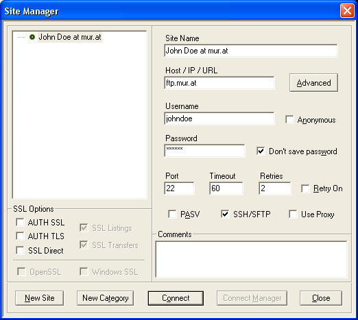 Core FTP Site Manager Dialog